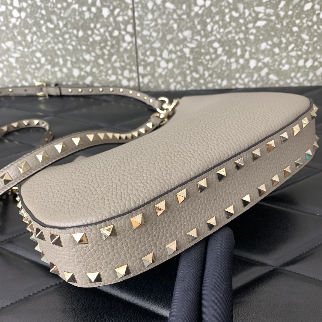 Valentino Garavani Rockstud Small Hobo Bag in Grey Grainy Calfskin